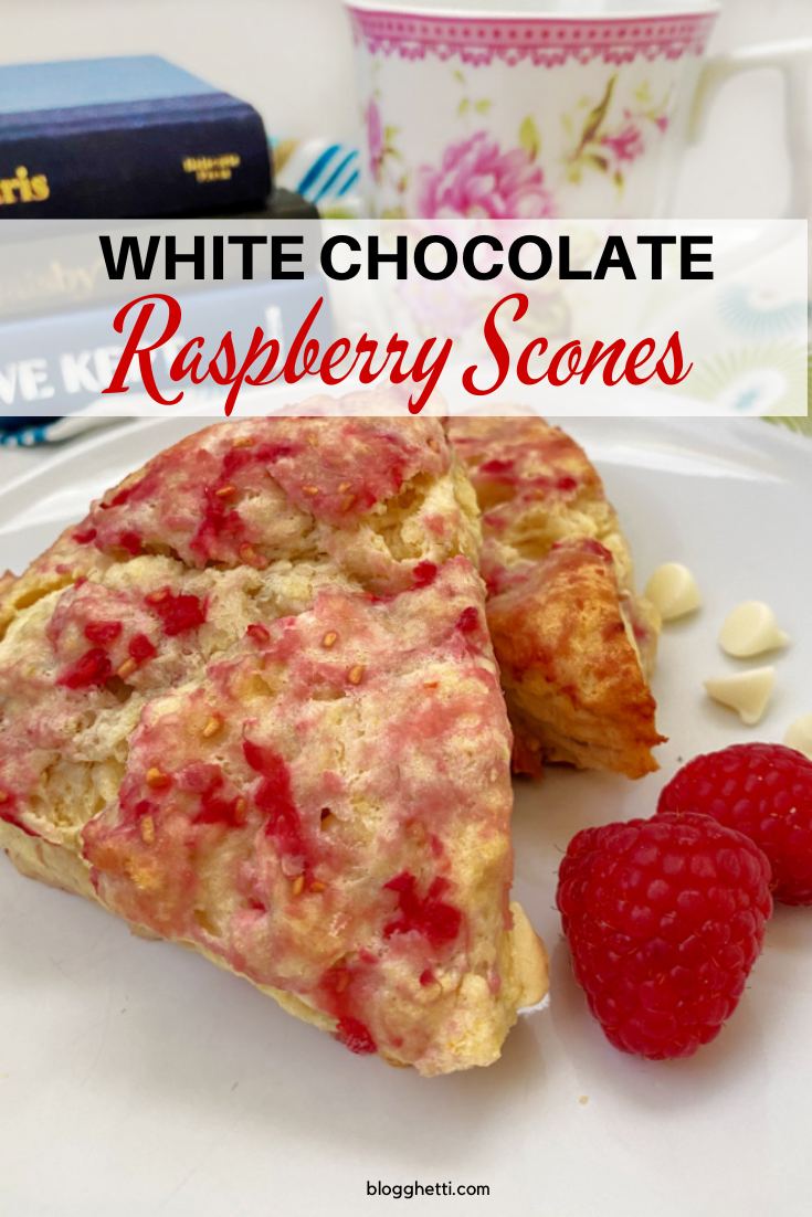 Raspberry scones with white chocolate chips - pin image with text