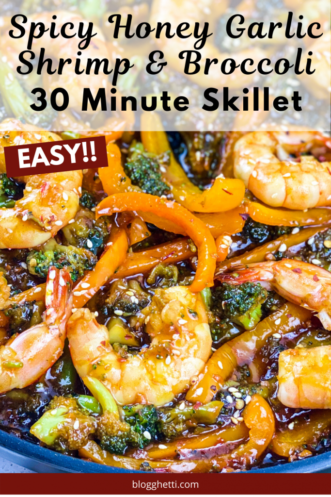 Spicy Honey Garlic Shrimp and Broccoli Skillet - with text overlay