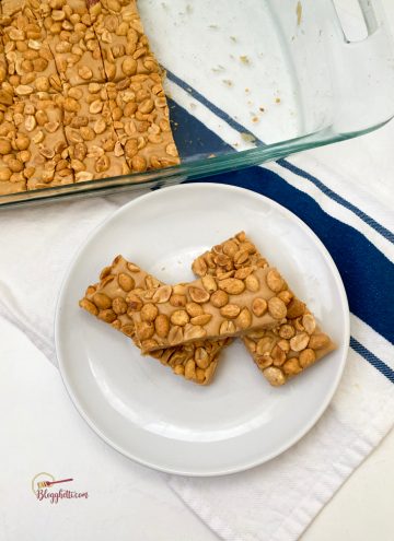 individual pay day candy bars on white plate with baking dish in background