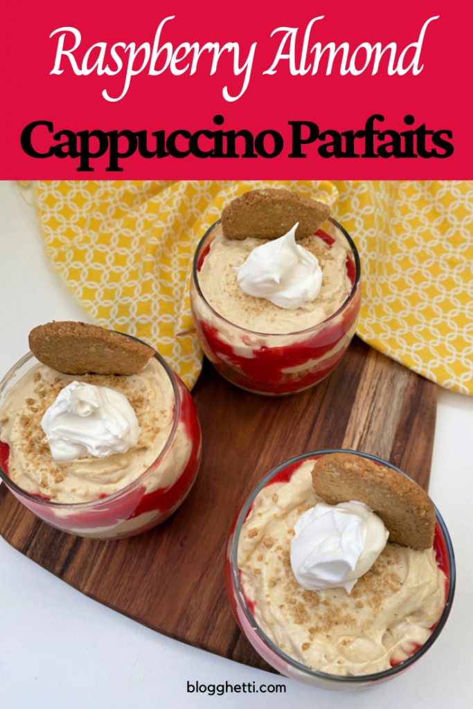 overhead view of Raspberry almond cappuccino parfaits with text overlay