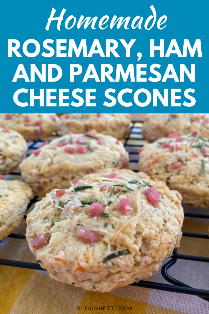 Homemade Ham, Parmesan Cheese and Rosemary Scones on cooling rack with a text overlay