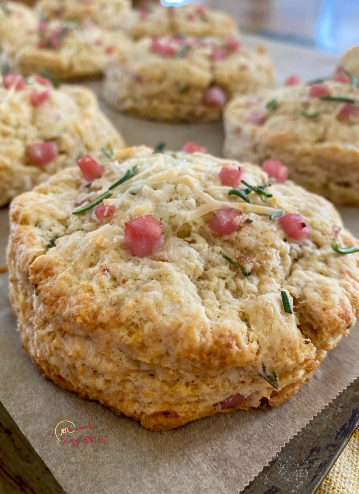close up of ham and cheese scone