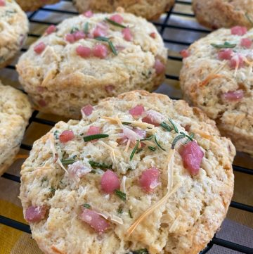ham, cheese and rosemary scones on cooling rack