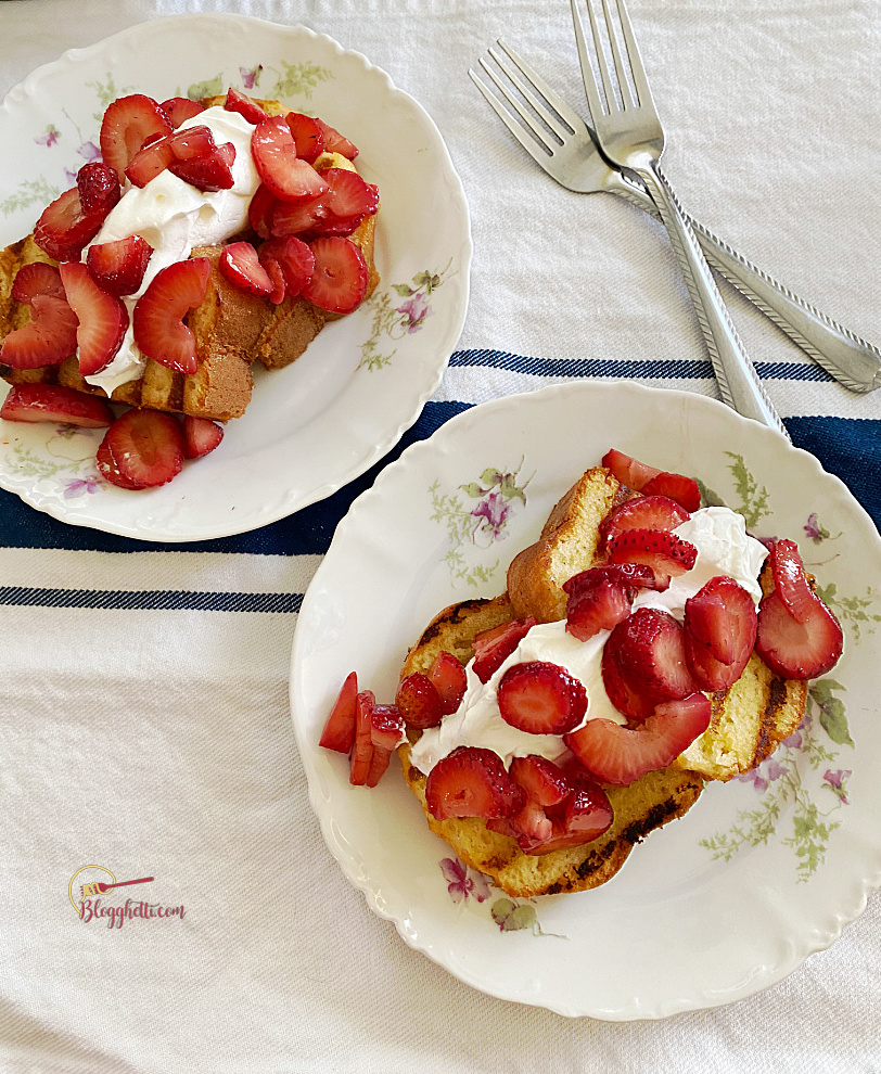two plates of grilled strawberry shortcakes