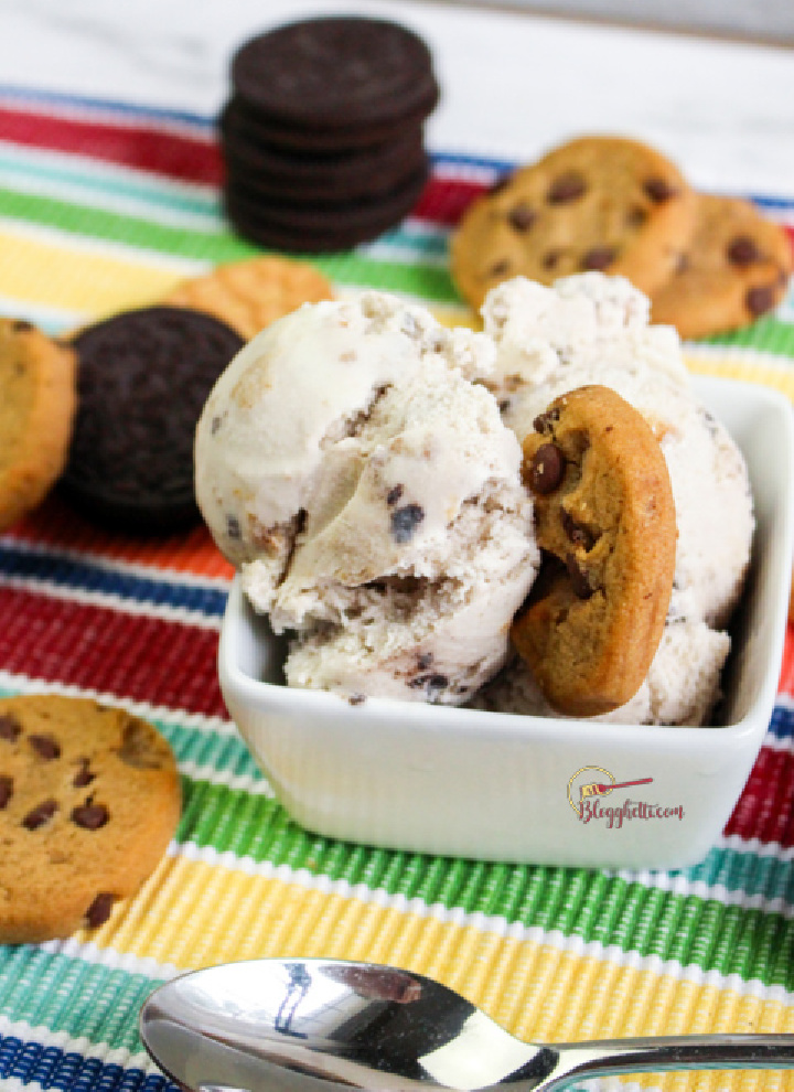 bowl of Cookie Jar Ice Cream on colorful placemat with spoon