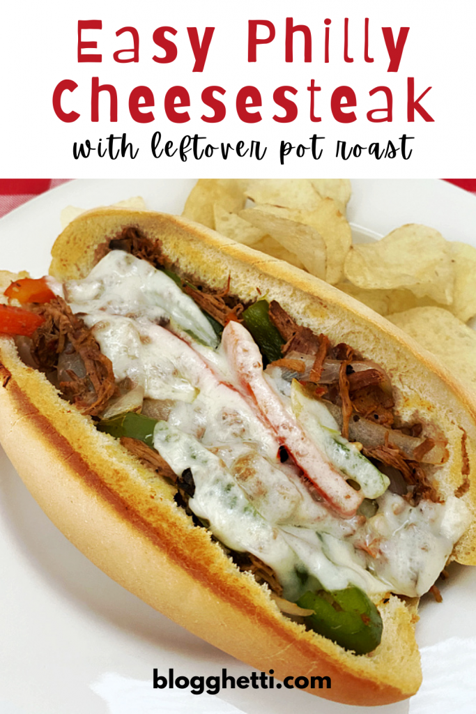 easy philly cheesesteak sandwich - with text overlay