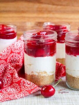 no bake cheesecake with cherries in mason jars