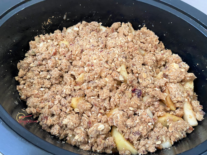 crumb topping on apples and pears ready to bake