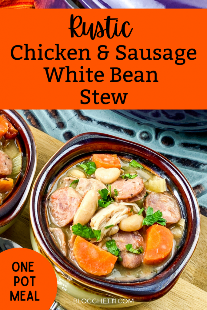 pinterest image of rustic chicken white bean stew with text overlay