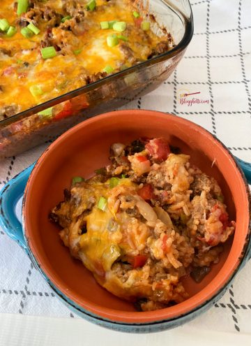 serving of unstuffed pepper casserole in blue and brown bowl