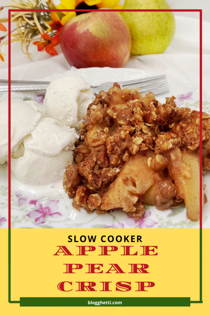 slow cooker apple pear crisp image with text overlay