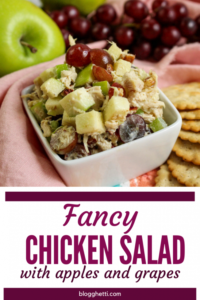 Chicken salad with grapes and apples in bowl image with text overlay