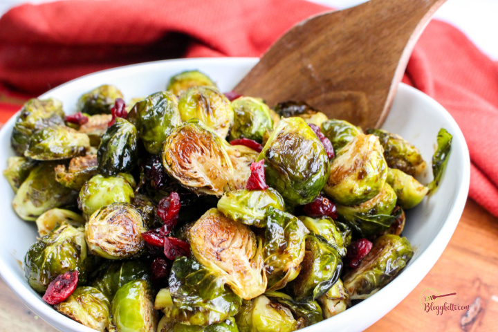 Thanksgiving side dish of roasted balsamic brussel sprouts and cranberries