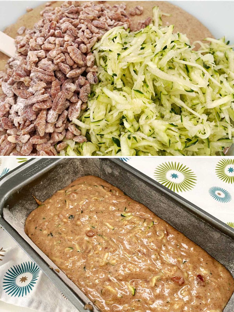 adding grated zucchini nuts and pour in pan