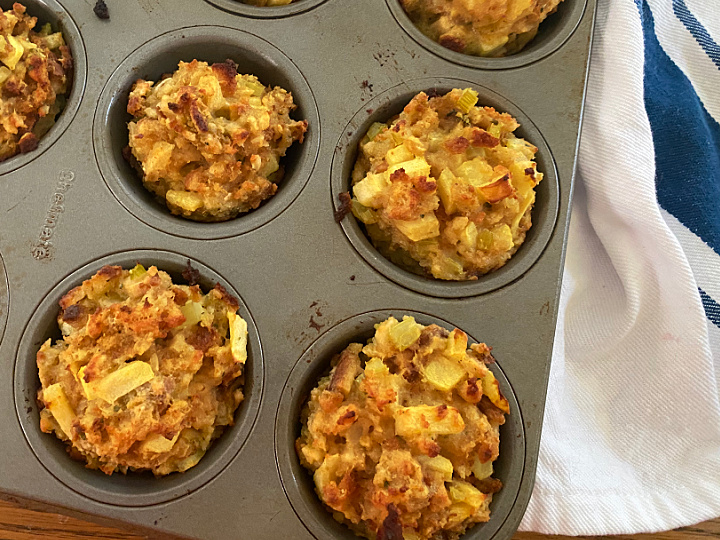 close up of apple stuffing made in a muffin pan