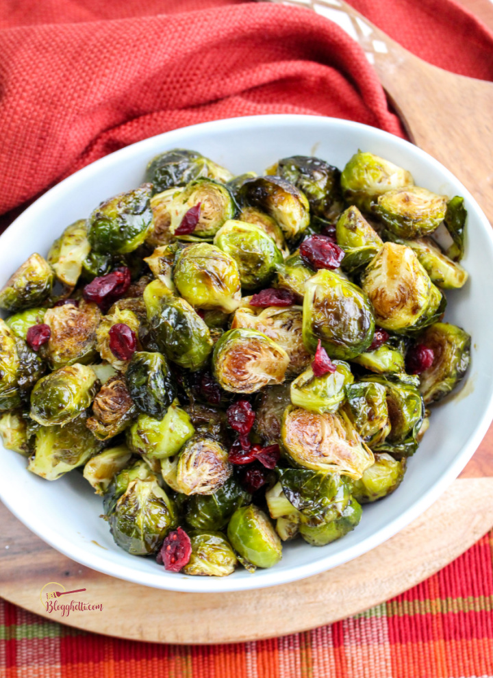 holiday side dish of roasted brussel sprouts and cranberries