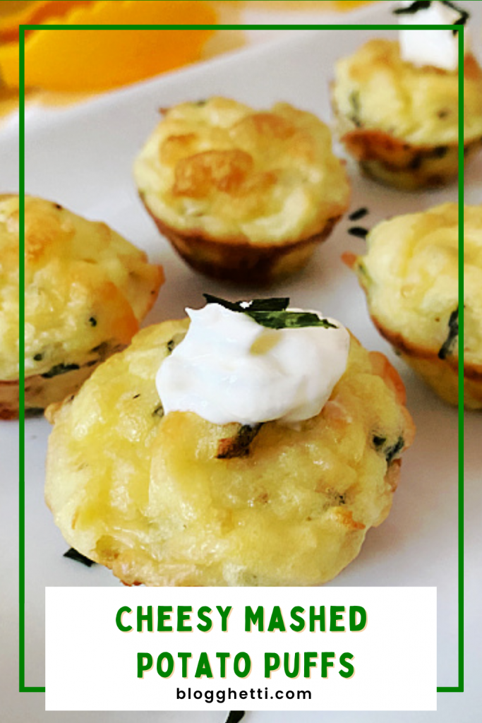 image of cheesy mashed potato puffs with text overlay