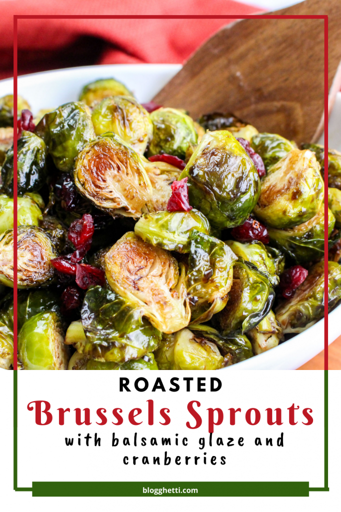 image of roasted brussels sprouts and cranberries with text overlay - Copy