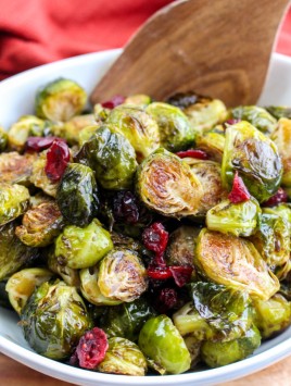 roasted balsamic brussel sprouts in white serving bowl