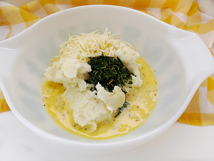 white bowl with mashed potato puff ingredients