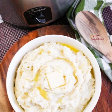 Slow Cooker Mashed Potatoes in white bowl