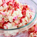 Valentines Day Popcorn in clear glass bowl