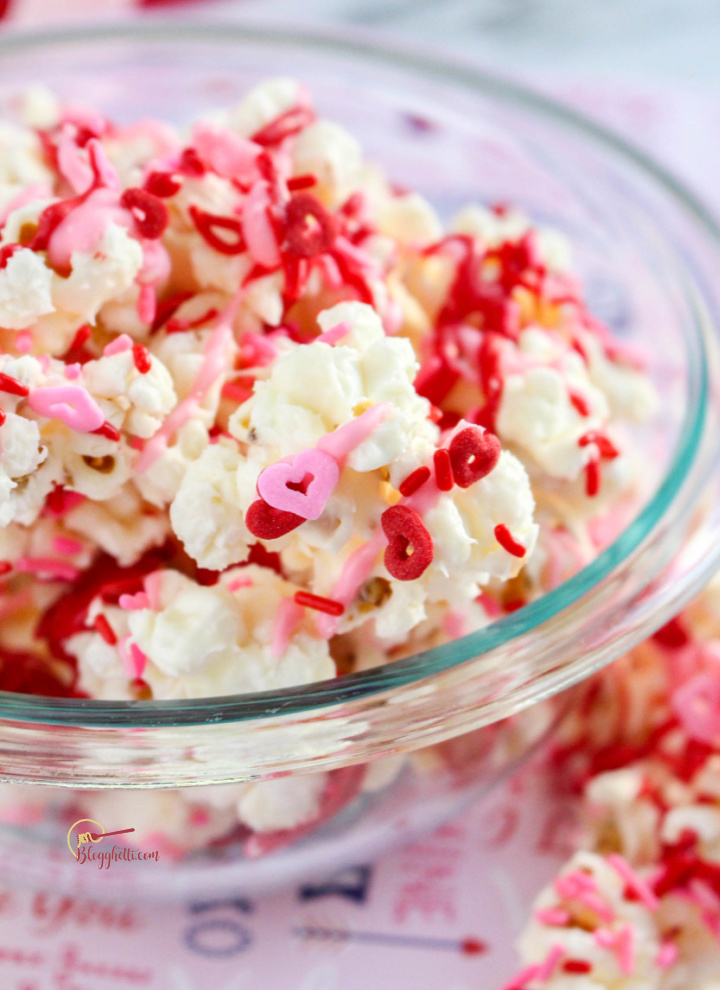 Valentines Day Popcorn in clear glass bowl