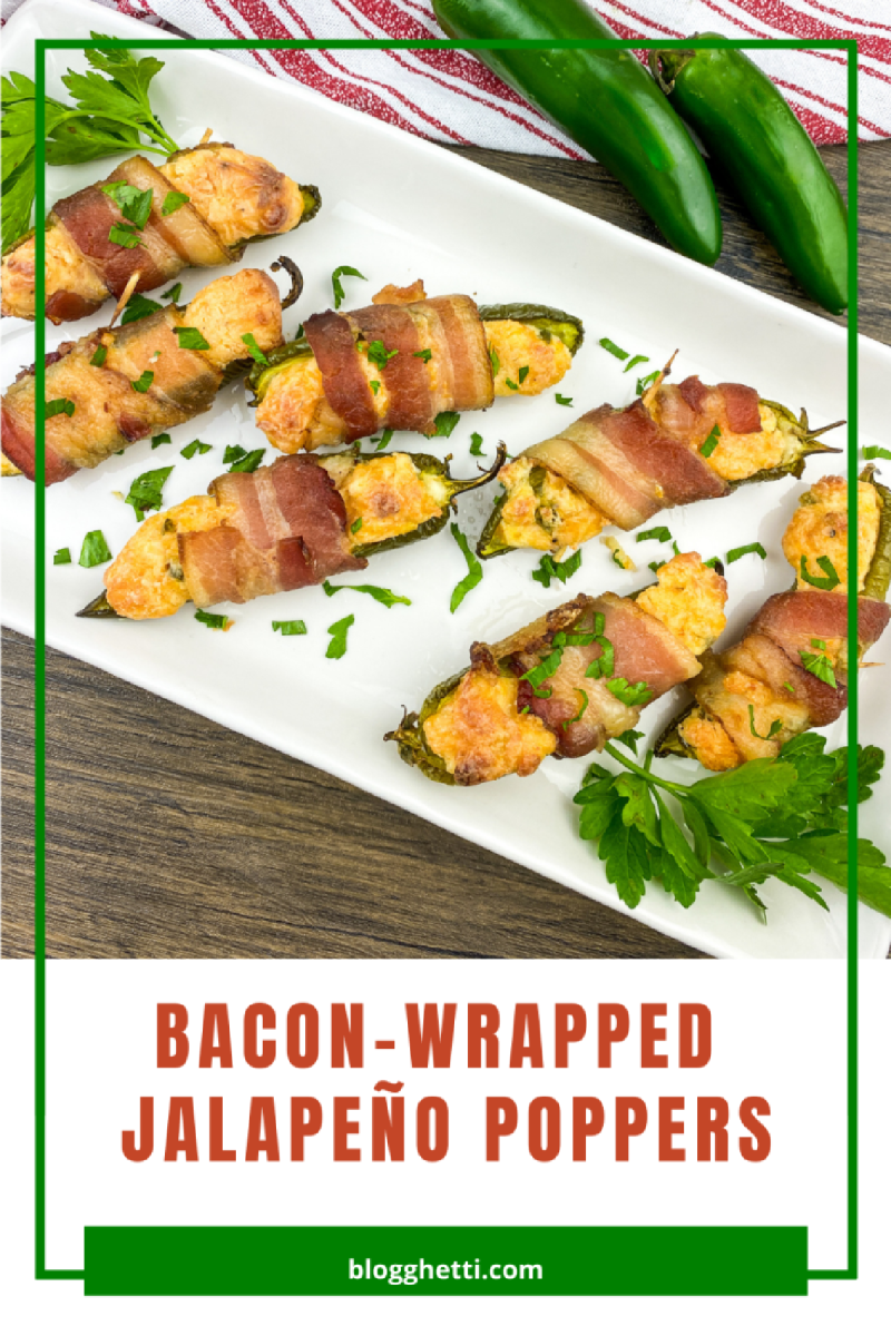 Crispy bacon-wrapped jalapeno poppers filled with a creamy cheese mixture, served on a white plate with fresh parsley.