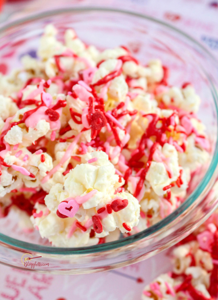 close up of Valentines Day popcorn with chocolate and sprinkles