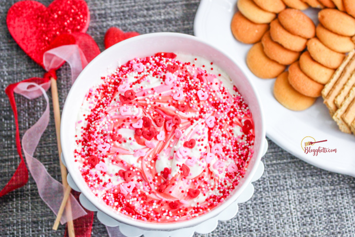 Cheesecake dip in white bowl - perfect for Valentine's Day