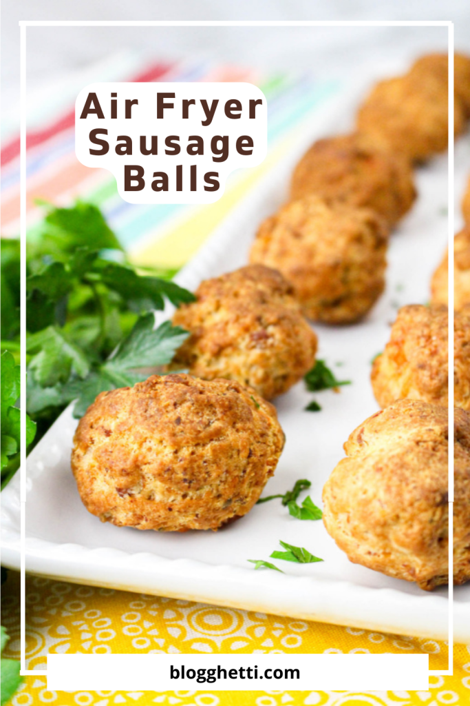 air fryer sausage balls image with text overlay