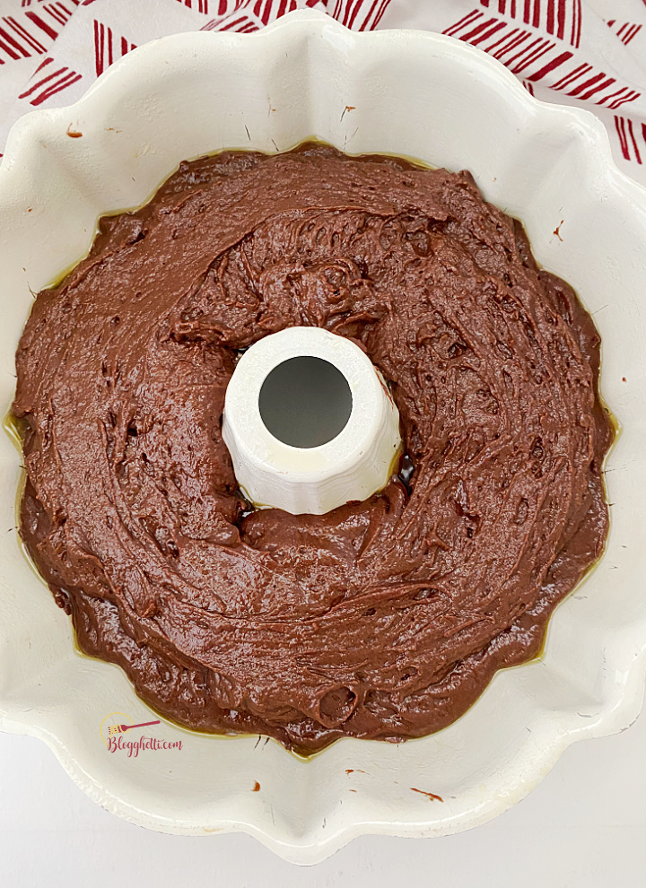 black forest cake in bundt pan ready to bake