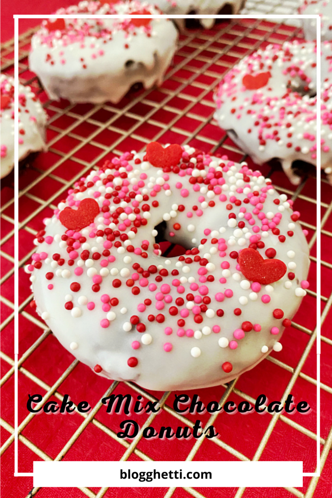 cake mix chocolate donuts with sprinkles image with text overlay