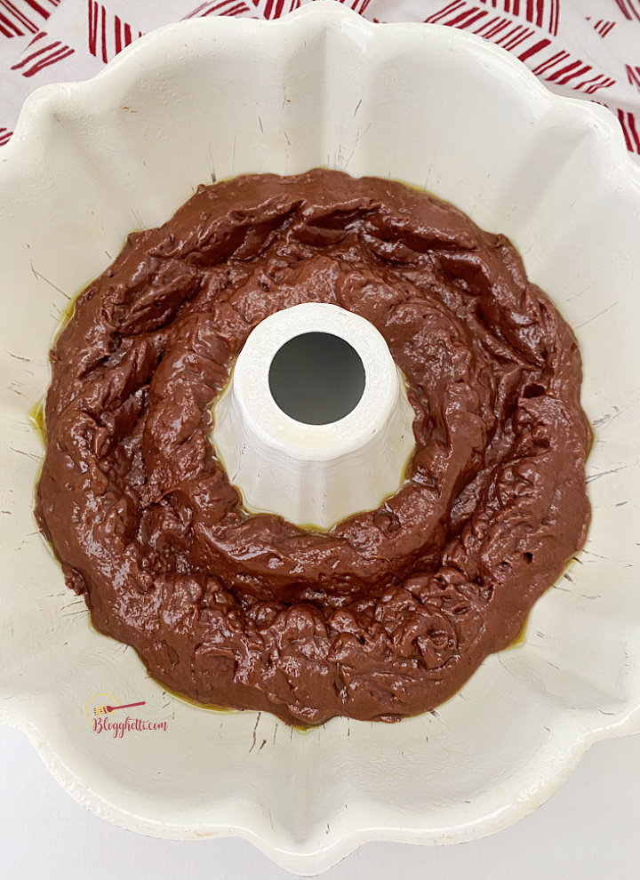 chocolate cake batter in bundt pan