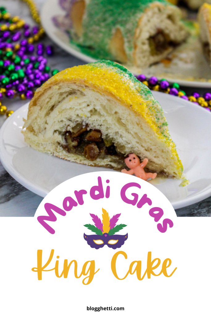 mardi gras king cake image with text overlay