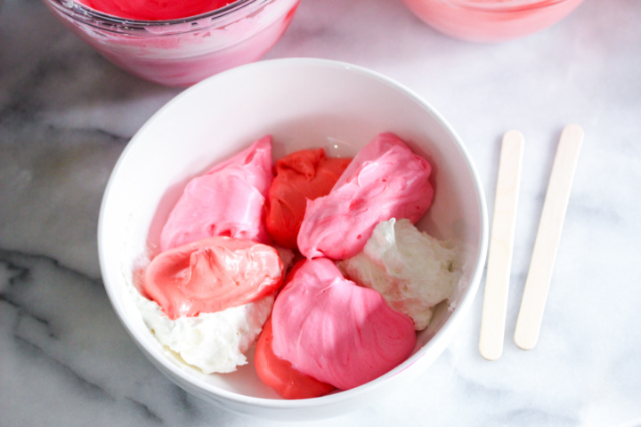 red, pink, and white mixture to swirl in bowl