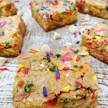 squares of white chocolate blondies with sprinkles