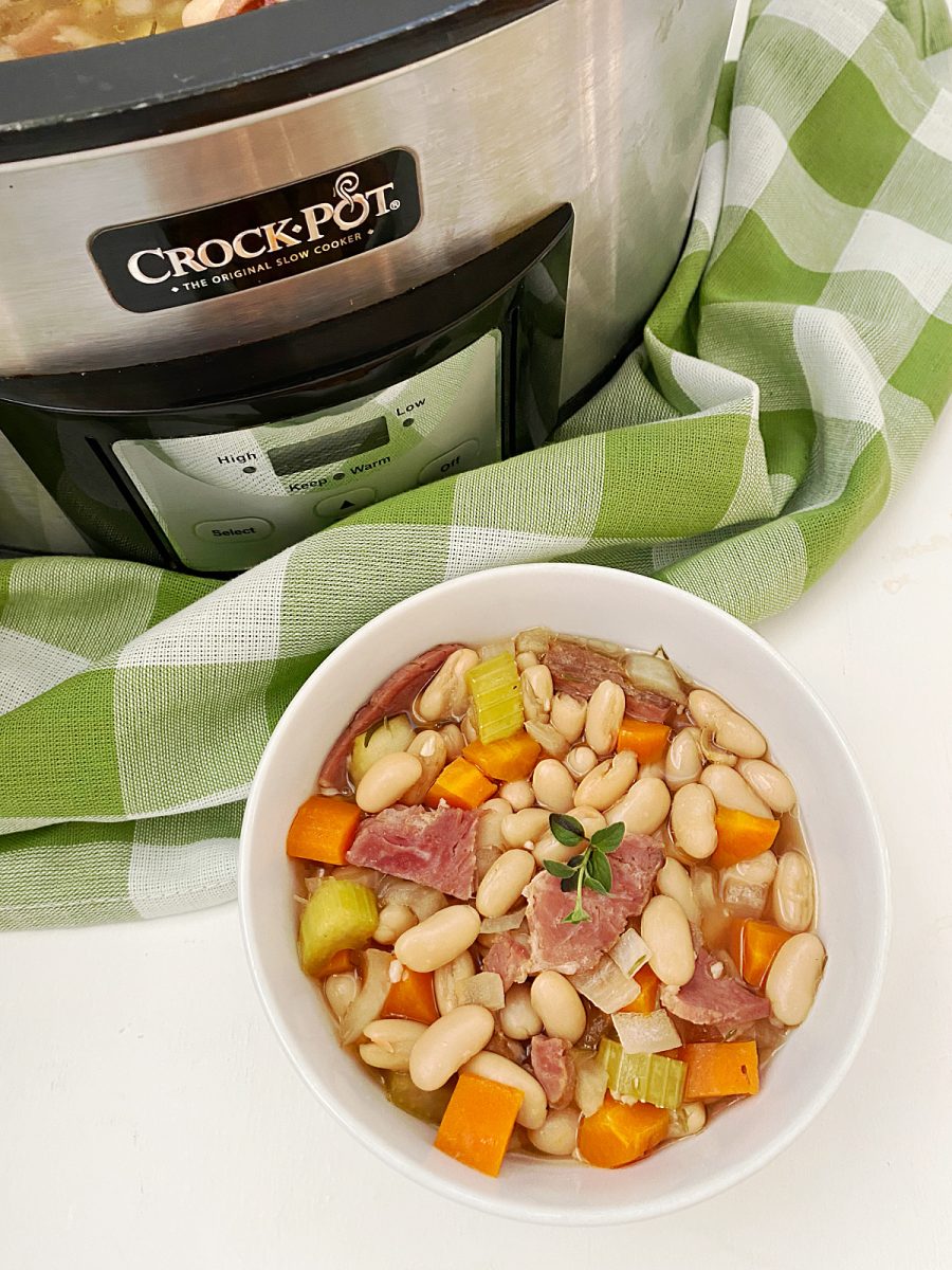 view of slow cooker with delicious soup