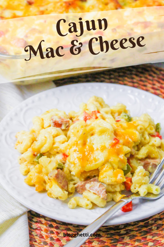 Cajun Mac and Cheese casserole image with text overlay