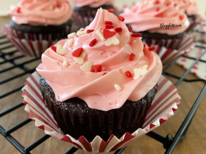 close up of chocolate cupcake with pink frosting and sprinkles