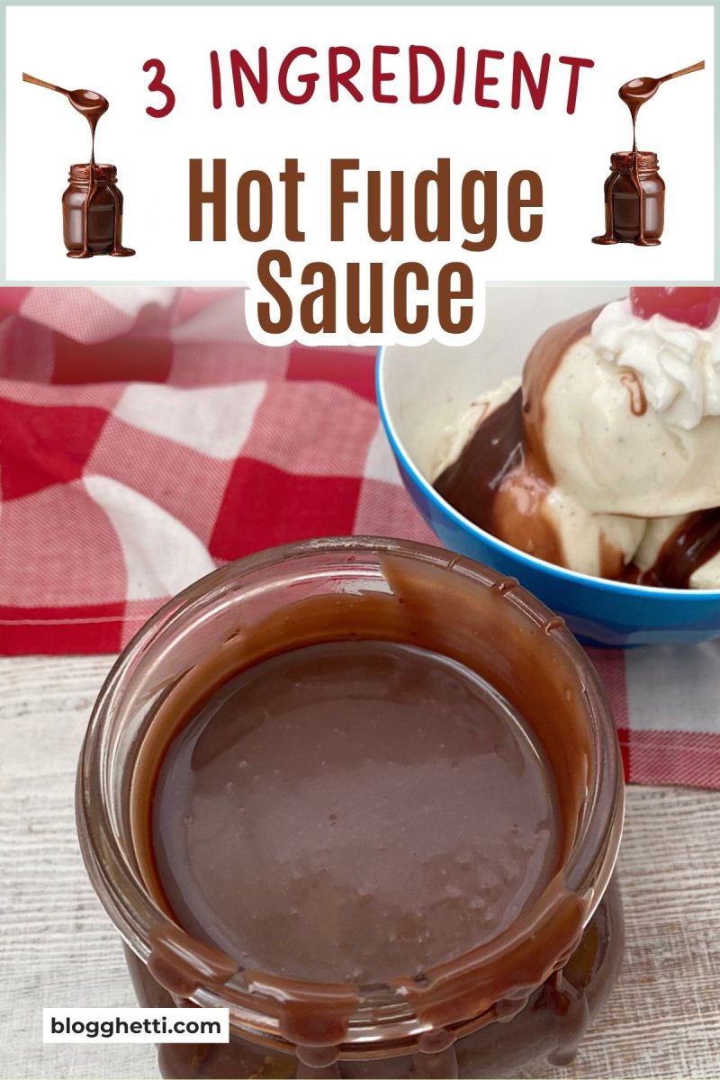 A Pinterest graphic featuring a jar of homemade hot fudge with text overlay, next to a vanilla sundae on a checkered background.