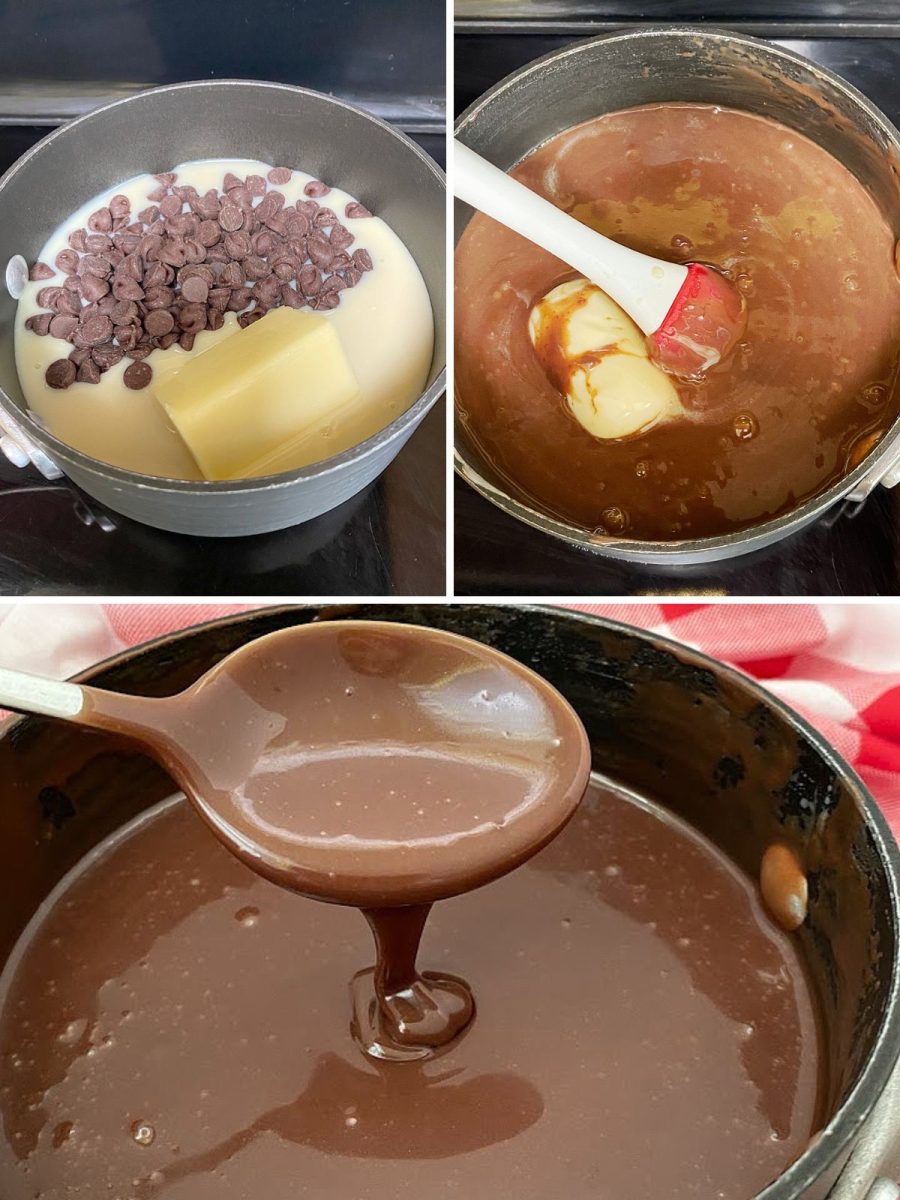 A 3-step collage showing the process of adding ingredients, melting the sauce, and checking the consistency with a spoon.