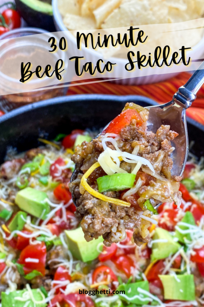 30 minute beef taco skillet image with text overlay (1)
