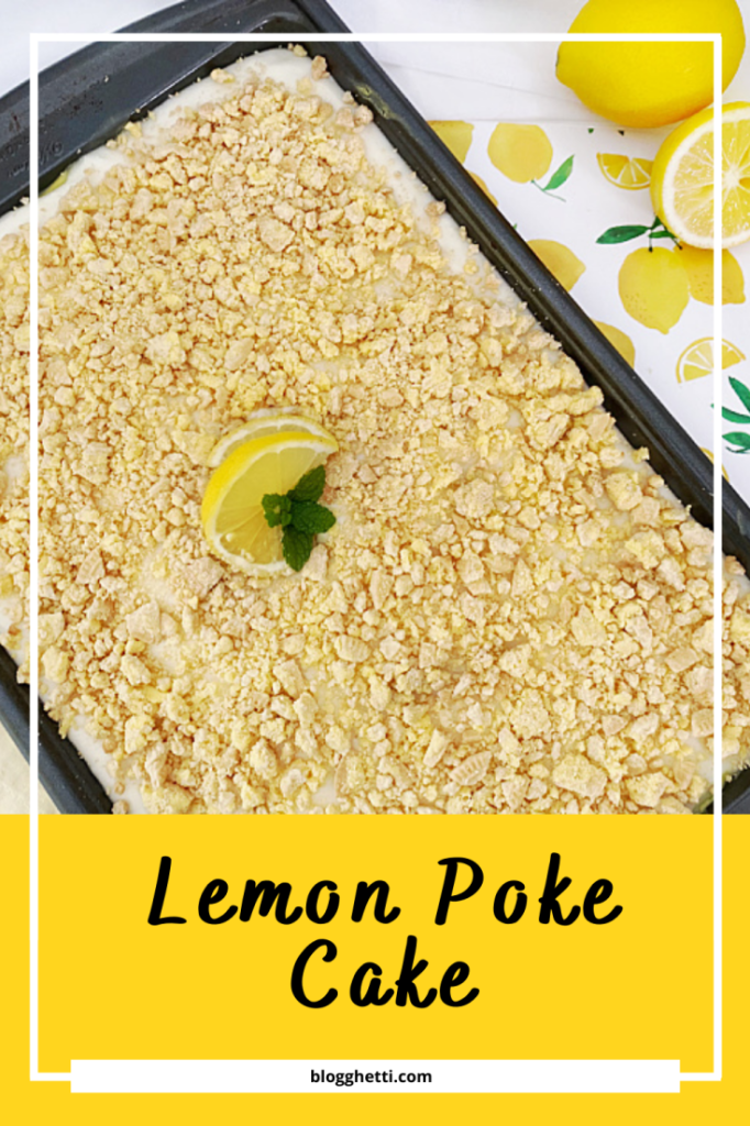 Lemon Poke Cake with lemon cookies image with text