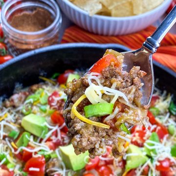 close up of beef taco mixture on spoon