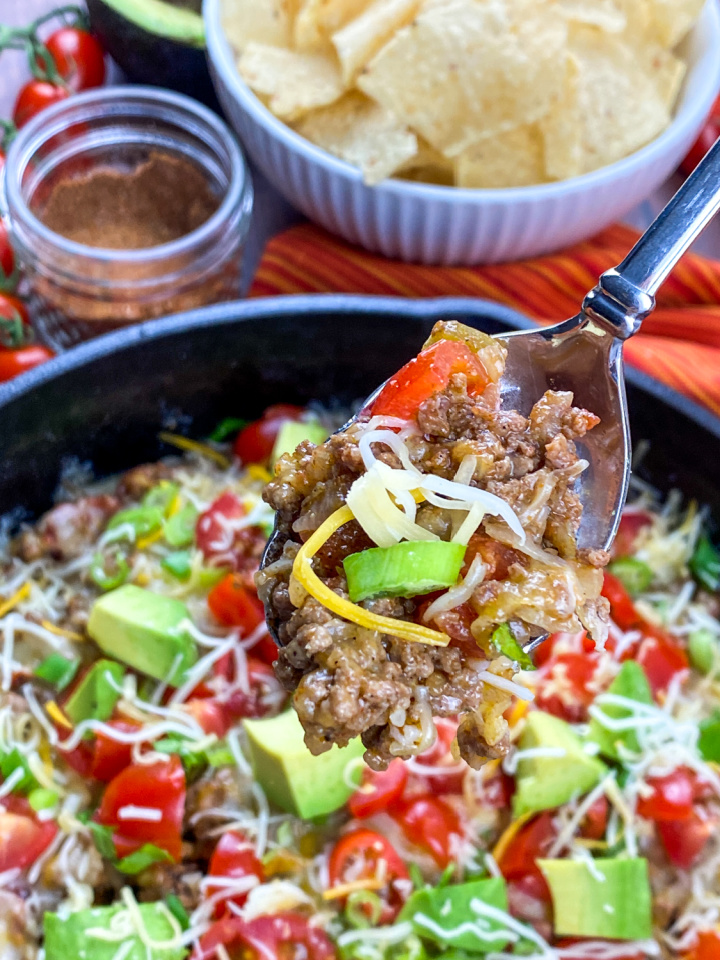 close up of beef taco mixture on spoon