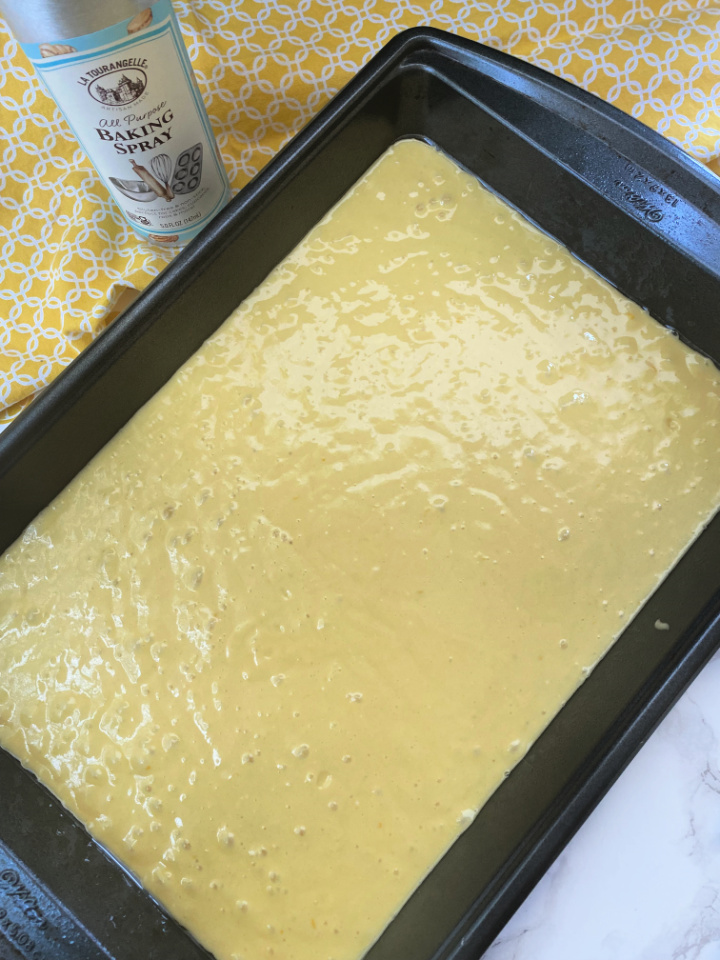 lemon cake batter in baking pan