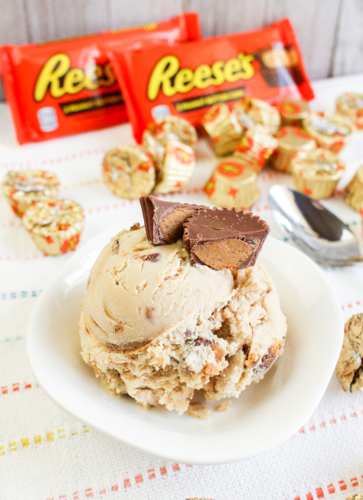 Reese's Peanut Butter Cup ice cream in a bowl with spoon