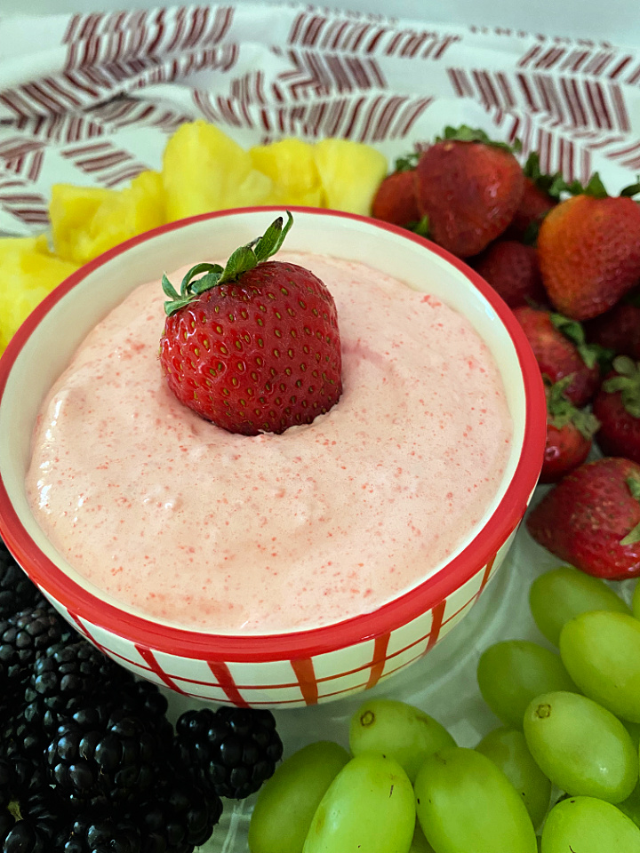easy fruit dip recipe for dipping pineapples, grapes, strawberries, and blackberries.