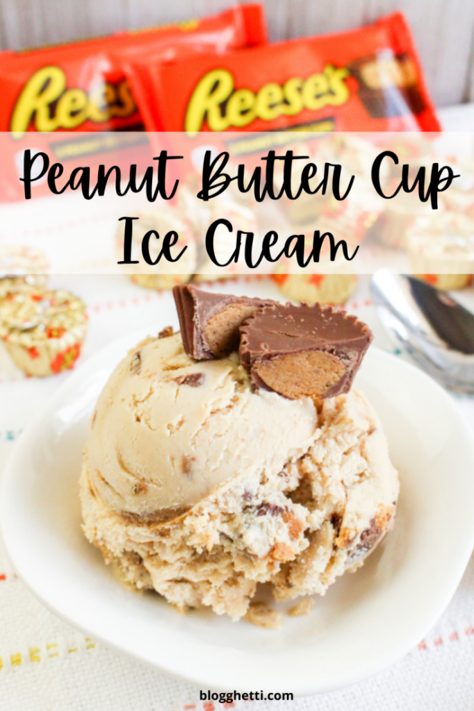Peanut butter ice cream in a bowl with candy in the background and a text overlay